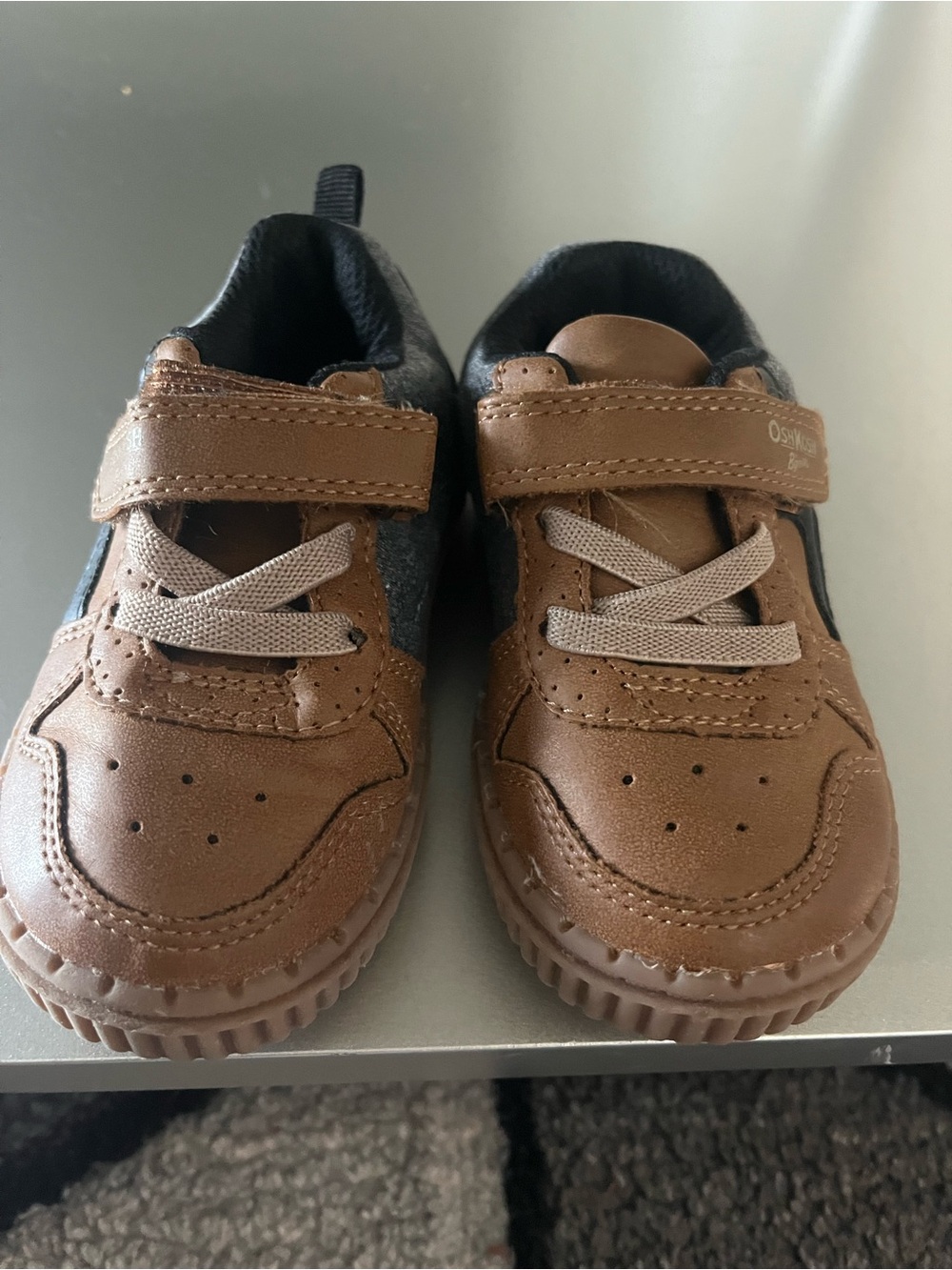 Kids Brown Leather-Look Casual Shoes with Hook-and-Loop Strap
